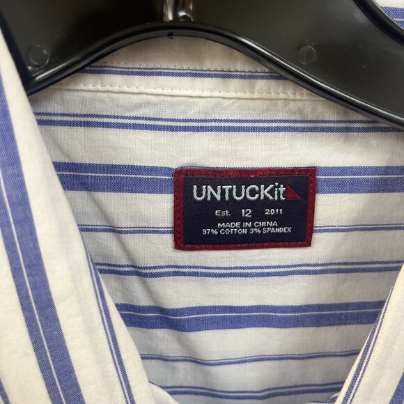 Untuckit Dress Shirt Women’s 12 L White Blue Vertical Stripe Button Down Top NWT - Picture 3 of 5
